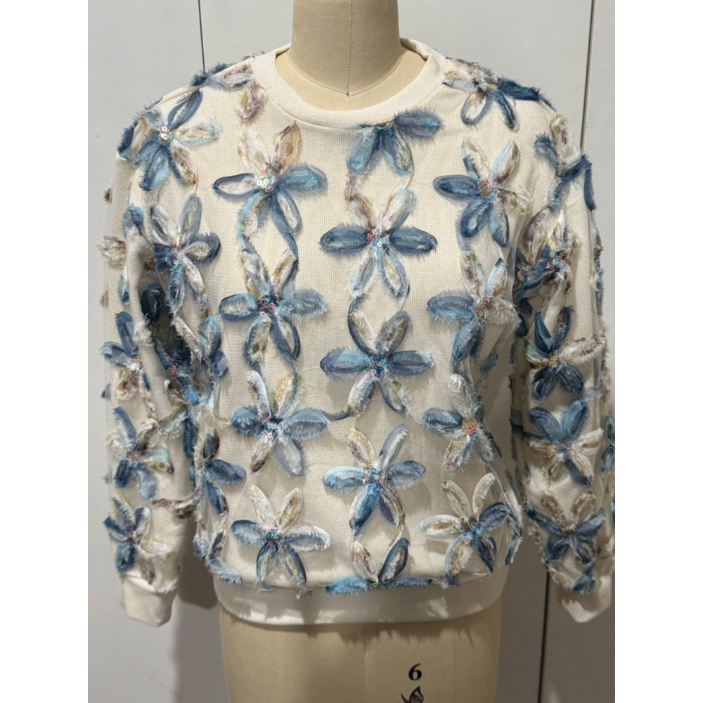 Women's TEN/22 Off-White & Blue 3D appliqué Floral mesh Sweatshirt, Size S